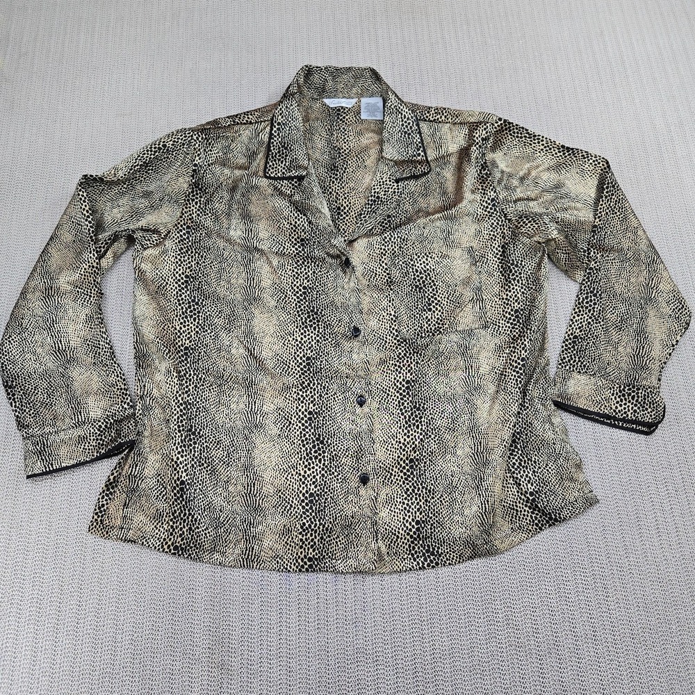 Secret Treasures Pajama Top Shirt Womens Large Cheetah Satin Polyester Button Up